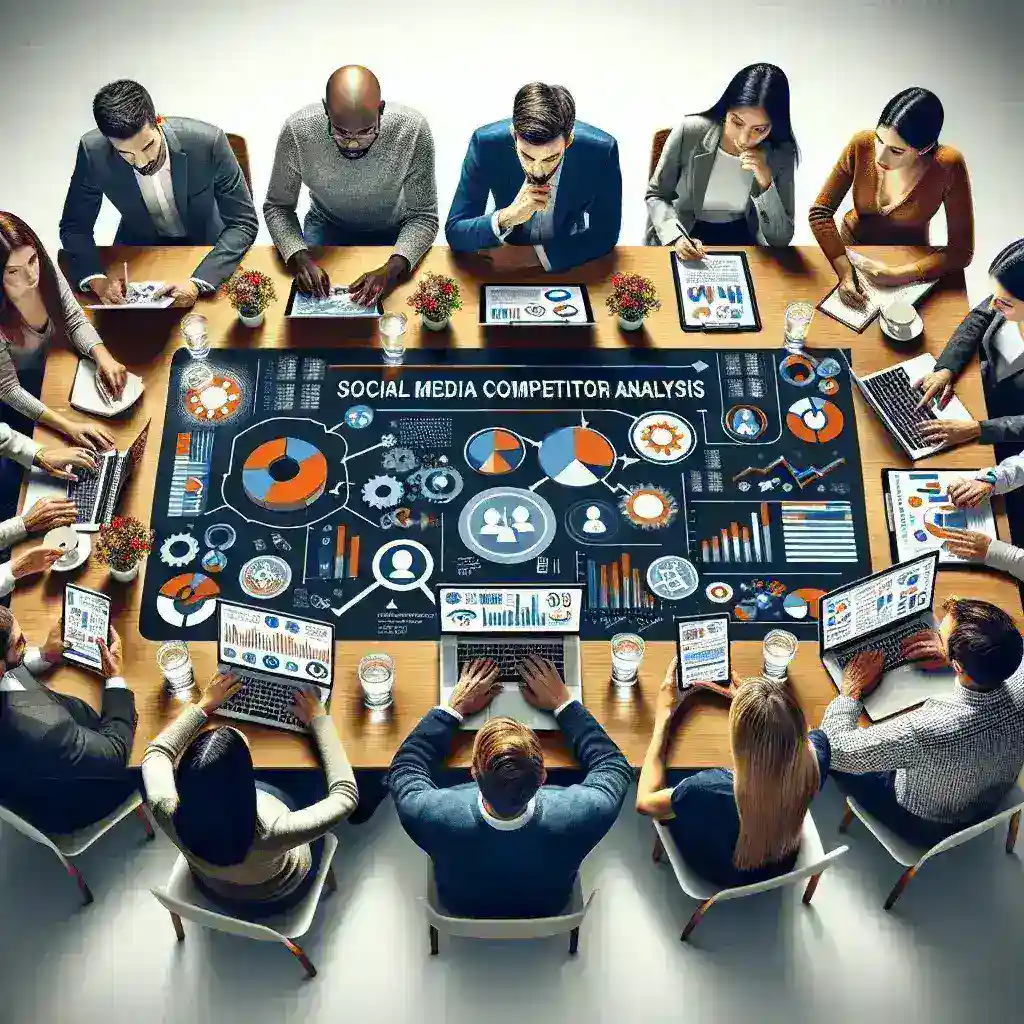 "Diagram analisis kompetitor media sosial, menunjukkan langkah-langkah penting untuk mengevaluasi strategi dan kinerja pesaing di platform social media."
